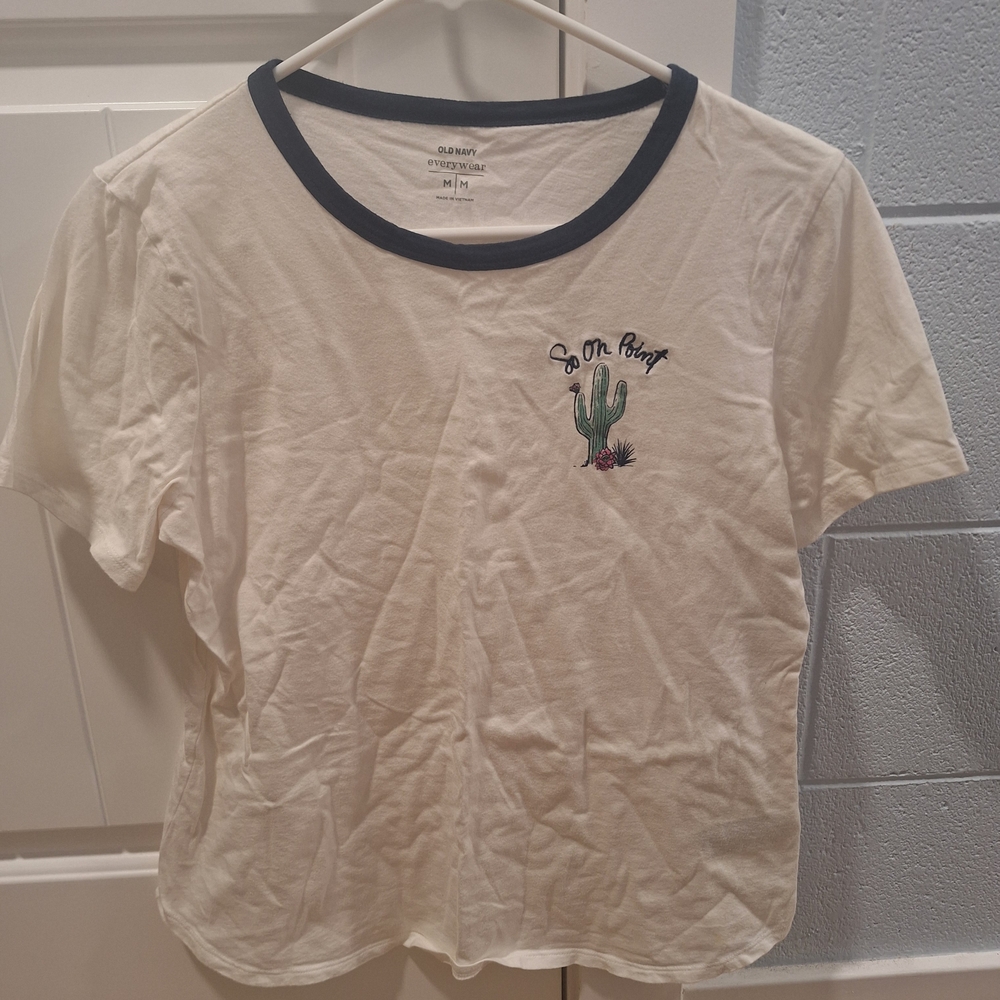 White Graphic Tee with Cactus Embroidery